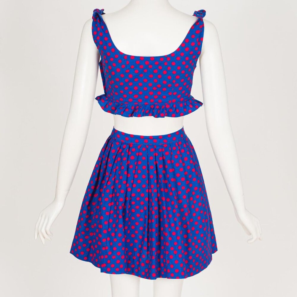 1970s Vintage Red & Blue Polka Dot Ruffled Tie-Up Cotton Crop Top Mini Skirt Set - Picture 5 of 6